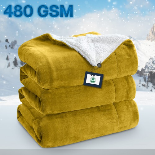 480 GSM Heavy Sherpa Fleece Blanket Soft Warm Sofa Bed Throw Faux Fur Blanket UK - Picture 3 of 132
