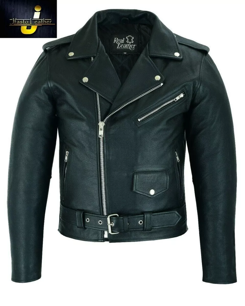 Mens leather brando style motorcycle best sale jacket
