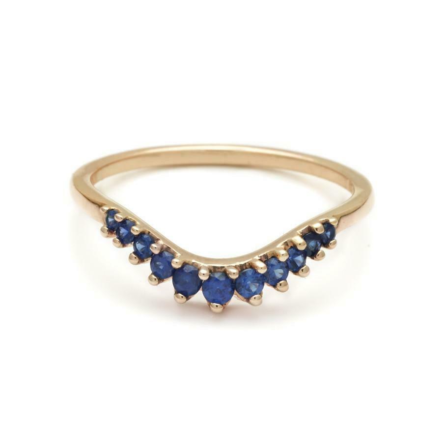 0.3ct Natural Blue Sapphire 14k Solid Yellow Gold Curved Tiara Band