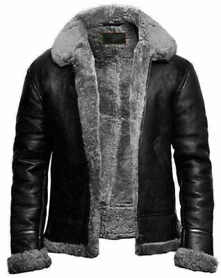Men's RAF Aviator B3 Flying Genuine Bomber SheepSkin Black Leather Jacket.