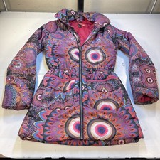 DESIGUAL Designer COLORFUL LOUD PUFFER COAT JACKET Sz Girls 13/14 Hidden Hood