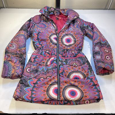 DESIGUAL Designer COLORFUL LOUD PUFFER COAT JACKET Sz Girls 13/14 Hidden Hood 