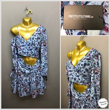 NEW PRETTYLITTLETHING Blue Floral Print Cut Out Skater Dress UK 8 EUR 36