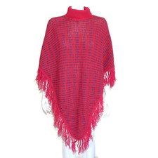 Vintage Poncho Fuschia Blue Woven Knit Turtleneck Fringe Sweater Festival /288