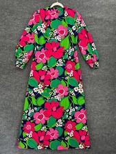 Vintage Polynesian Bazaar Hawaiian Maxi Dress Size 12 Bright Floral Mod 60s 70s