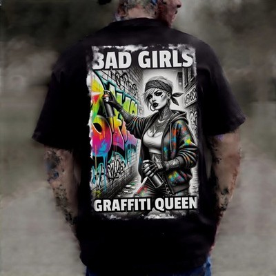 Bad Girls Graffiti Queen Black Graphic T-Shirt Street Tattoo Edgy Tee