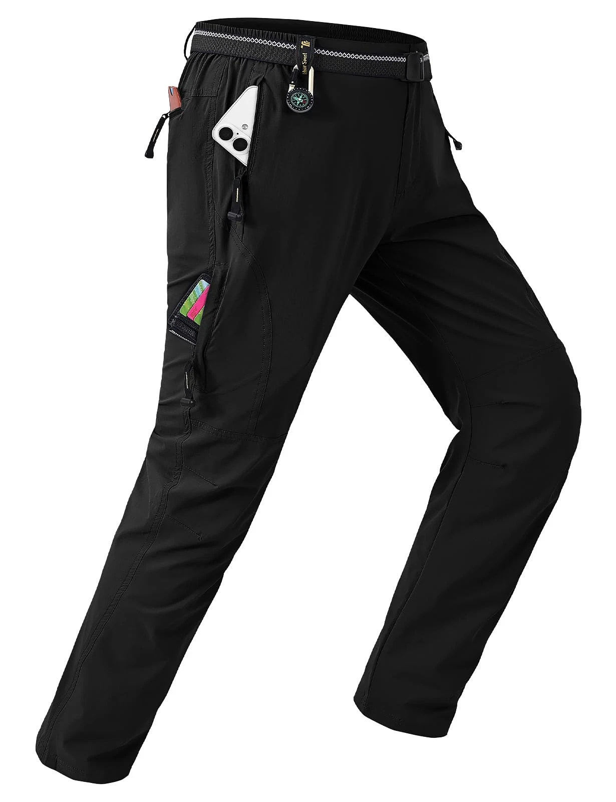 Men's Lightweight Hiking Pants with Belt 5 Zip Pockets Waterproof Quick-Dry T...