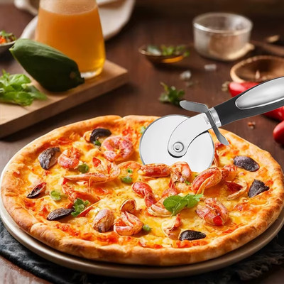Professional pizza cutter with safety guard, large rolling blade, easy cut