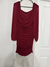 Red Chiffon Ruched Long Sleeve Bodycon Mini Dress Square Neck Stretch