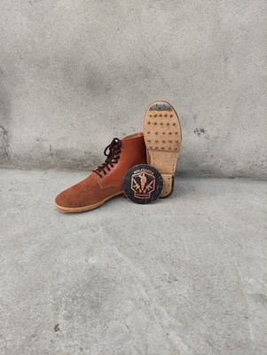 Handmade Brown Rough Out Leather Service Boots Men's Hobnail Leather Sole. Boots