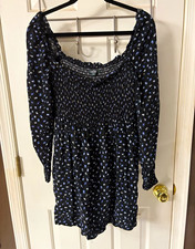 Wild Fable Black/Blue/White Floral Square Neck Puff Sleeve Mini Dress M