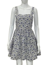 Doen Women's Floral Printed Pleated Strap White Blue Cotton Short Mini Dress XS