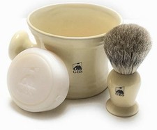 GBS Men's Wet Shaving Set Ivory -3 Piece set Ceramic Bowl Badger Brush Soap