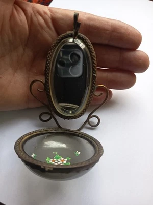 PORTE MONTRE à GOUSSET BAGUIER verre émaillé "lierre" MIROIR biseauté 19ème - Photo 1/4