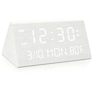 Wooden Digital Alarm Clock, 0-100% Dimmer, 2 Alarm Settings, White