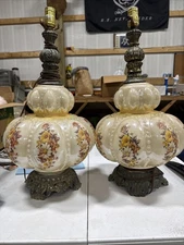 Set Of 2 Painted Accurate Casting Co Floral Glass Bubble Lamps