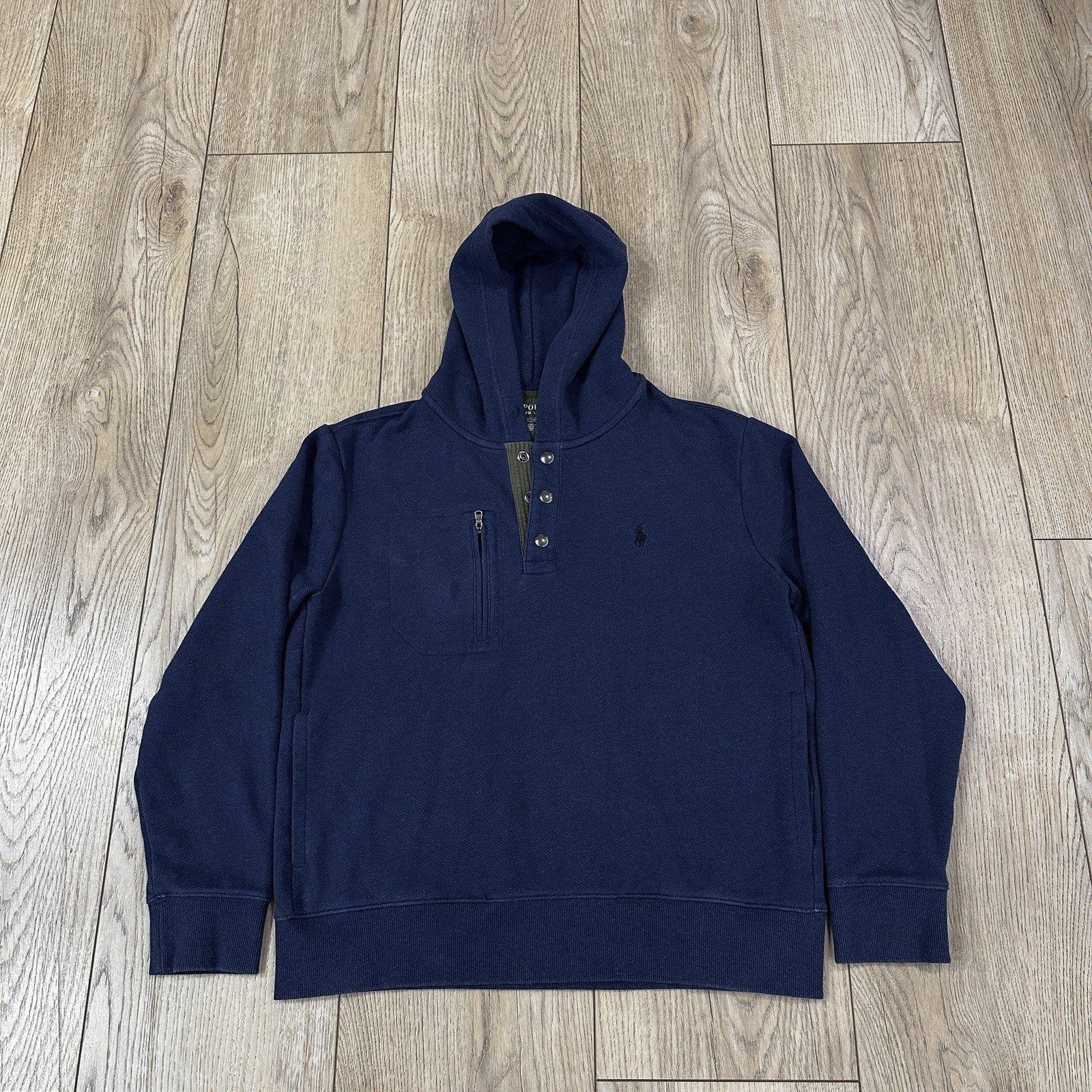 Polo By Ralph Lauren Blu Navy M 3 Bottoni Felpa con Cappuccio Pullover Ricamato Pony Uomo