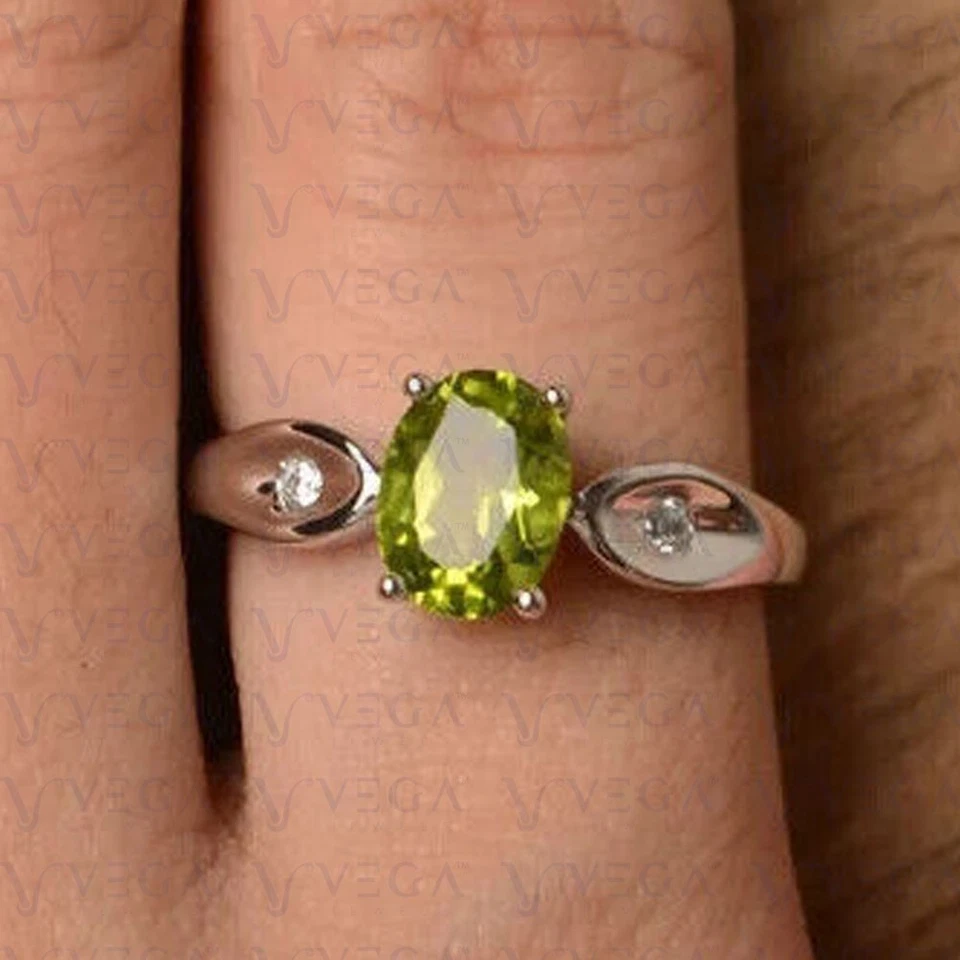 3.20Ct Oval Shape Natural Peridot Diamond Three Stone Ring 950PT Platinum Plated - Image 3 of 4