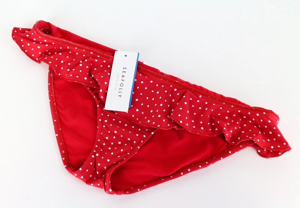 Seafolly Siren Mujer Traje de Baño UK14 Rojo Elástico Lunares Volantes Playa Bikini Parte Inferior Foto 2 de 4