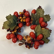 Mini Artificial Berry Wreath  Red  Autumn Berries  Faux Leaves  Candle Ring
