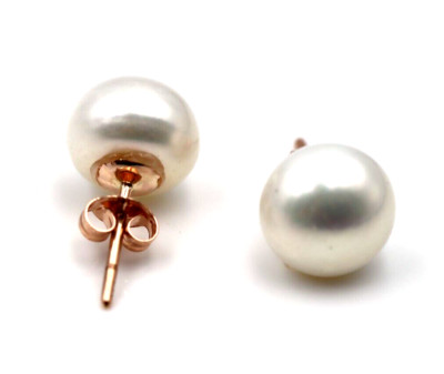 Genuine 9ct Rose Gold White Button 10mm Freshwater Pearl Stud Earrings-Free post