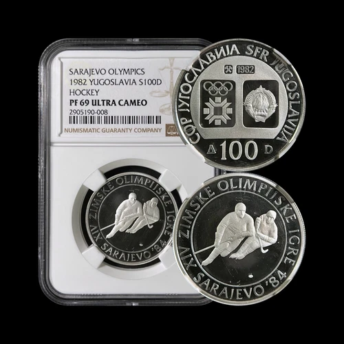 YUGOSLAVIA. 1982, 100 Dinara, Silver - NGC PF69 - Top Pop 🥇 Ice Hockey Sarajevo