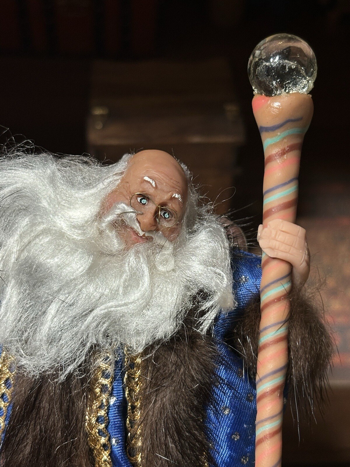 1/12th Scale Cheerful Wizard With Hat And Staff, Miniature Dollhouse Doll OOAK