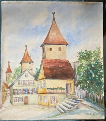 ::AQUARELL HISTORISCHE ALTSTADT STADTTOR MITTELALTER  °WER KENNT DEN ORT ? ANTIK - Bild 1 von 4