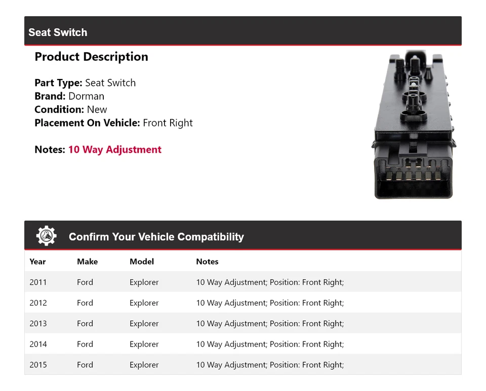 Interruptor de asiento delantero derecho para Ford Explorer Dorman 2011-2015 2012 2013 2014 Foto 2 de 4