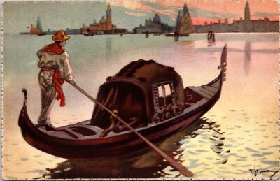 Venice Venezia Italy La Gondola Boat Artist View Signed Postcard