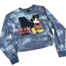 Disney Mickey Mouse Sweatshirt Women's XL Blue Cloud Camo Cropped Cutoff Crew