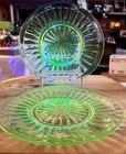 2 Vintage Anchor Hocking Pillar Optic  Uranium Starburst Glass Salad Plates 8"