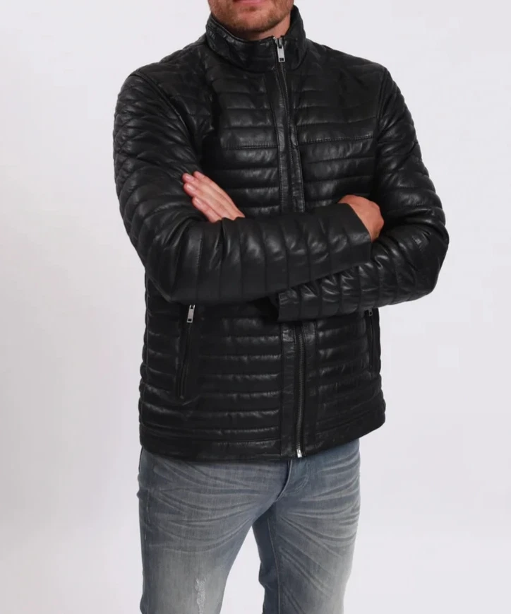 Mens Genuine Real Lambskin Black Bomber Leather Jacket Padded Puffer Jacket XL
