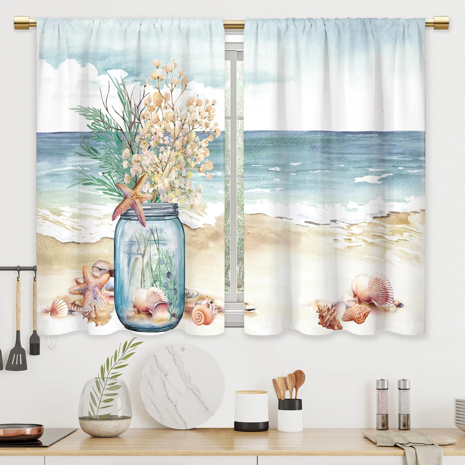Cinekker Summer Coastal Kitchen Curtains - Starfish Blue Sea Bathroom Window ...