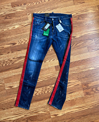 Dsquared2 Men's Slim Skinny Jeans Medium Wash Blue Denim Logo Red Stripe IT 48