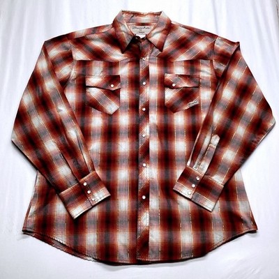 Wrancher by Wrangler Mens XL Red Plaid Metallic Pearl Snap Western Shirt MTW1190