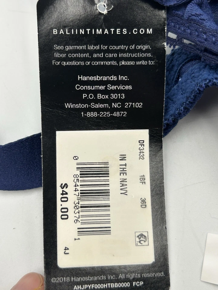 Sujetador de encaje Bali Lace 'n Smooth Comfort-U espalda figura completa 3432 azul marino 36D nuevo con etiquetas Foto 4 de 4