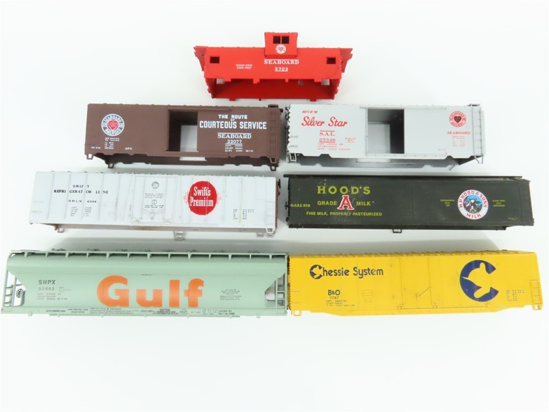 LOT of 7 HO SAL/GARE/SRLX/B&O/SHPX Caboose, Box Car, Reefer, & Hopper Shells