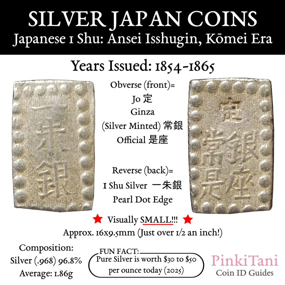 1854-1865 Komei Era, Ansei Isshugin SILVER 1 Shu, SMALL - Japanese Antique Coin - Image 3 of 3