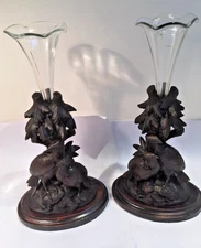 ANTIQUE BLACK FOREST SWISS WOOD CARVED PAIR PARTRIDGE QUAIL EPERGNE VASES
