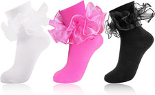 Women Big Ruffle Ankle Socks,Adult Double Lace Turn White  Hot Pink  Black