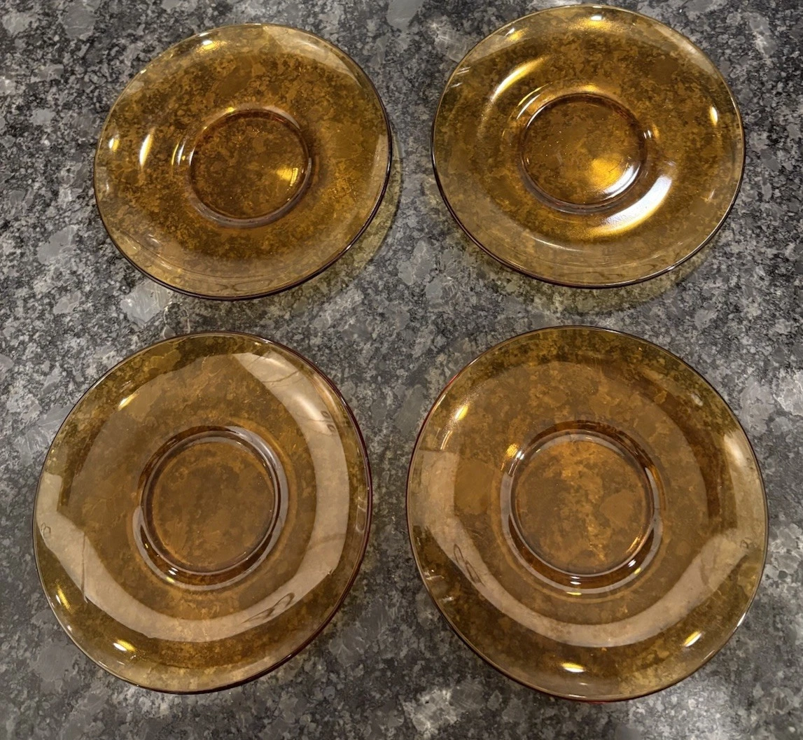 Vintage Amber Gold Honey Glass Duralex Vereco Floral 4 Piece SET Made In France