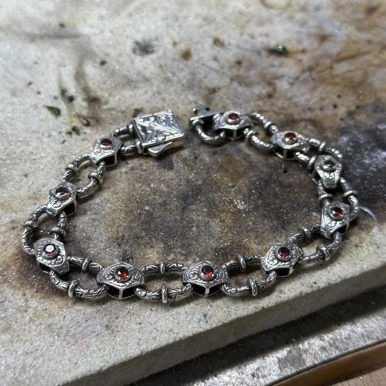 Men Silver Ruby Hand-Engraved Bracelet, Red Ruby Gemstone Chain Bracelet - Image 2 of 4