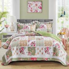 Patchwork Quilt Set King Size,3 Pieces Green White Pink Floral Plaid Reversib...