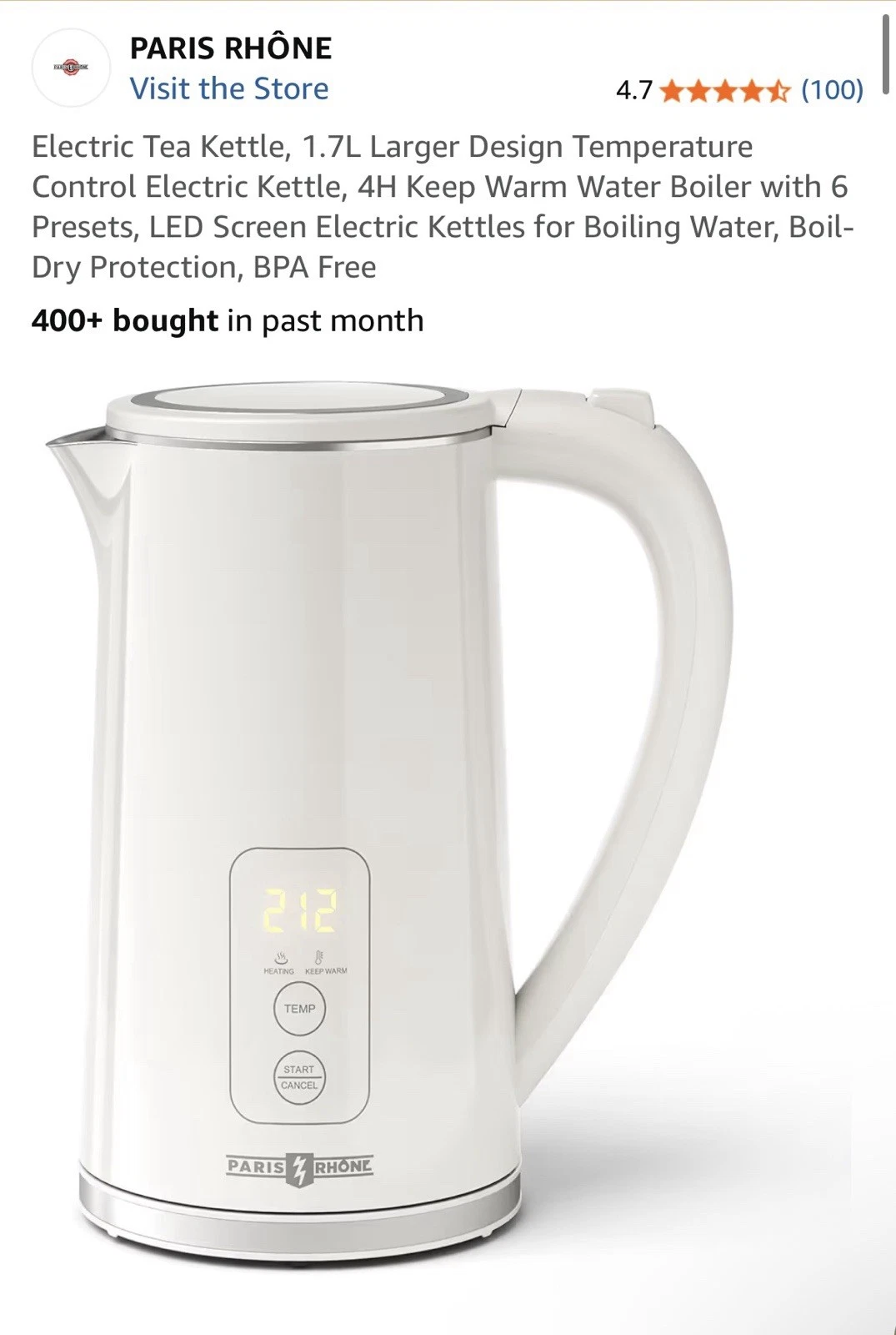 Paris Rhône Electric Kettle with 6 Temperature Settings 1.7L