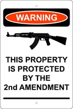 WARNING, PROPERTY PROTECTED BY THE 2nd AMENDMENT, 8"X12" ALUM SIGN, 9MM, PISTOL