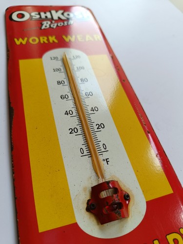 Vintage OshKosh B'qosh Work Wear Thermometer Tin merchandise 1950 No Porcelain - Picture 9 of 11