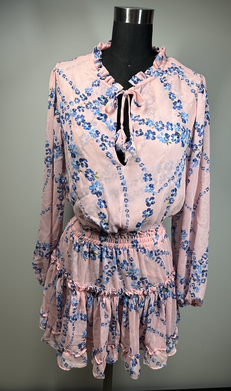MISA Los Angeles Women's Pink Long Sleeve Floral Ruffle Mini Dress Size XS