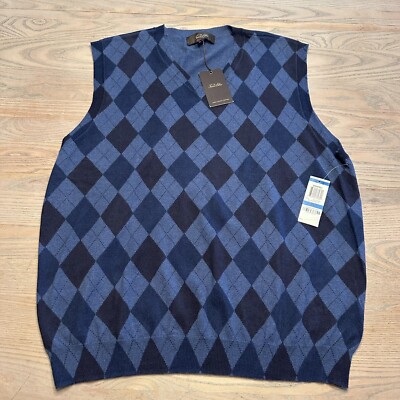 NEW Tasso Elba Blue V Neck Argyle Sweater Vest Mens XL Lightweight Cotton