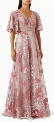 Mac Duggal Pink Floral Embellished V-Neck Formal Gown Sheer Flutter Sleeves Sz 6